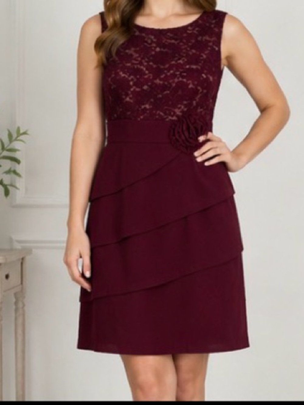 Connected Apparel Burgundy Lace Tiered Dress – Size 10